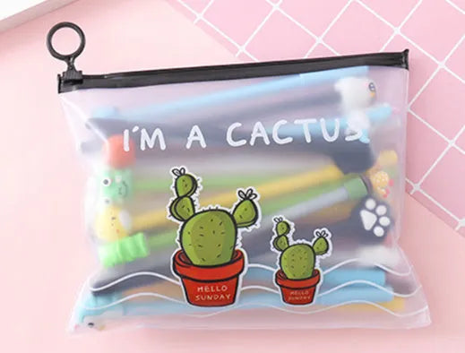 Marvel series cartoon cactus pen set with 20 black 0.5mm pens in plastic case