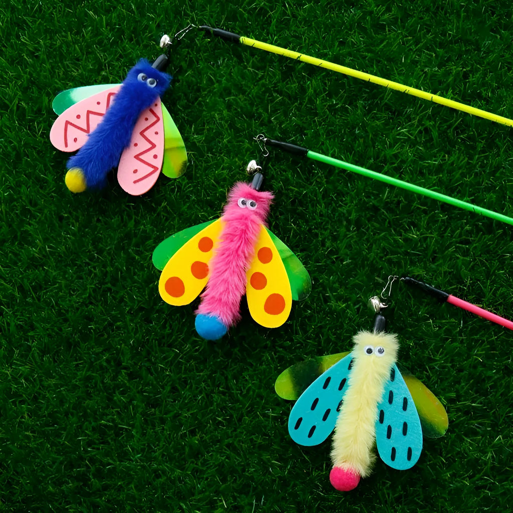 Blue cat wand toy with dragonfly attachment and bell on 49cm extendable stick