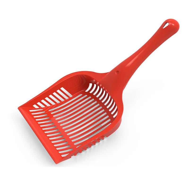 Red, yellow and blue plastic cat litter scoops in small and medium sizes