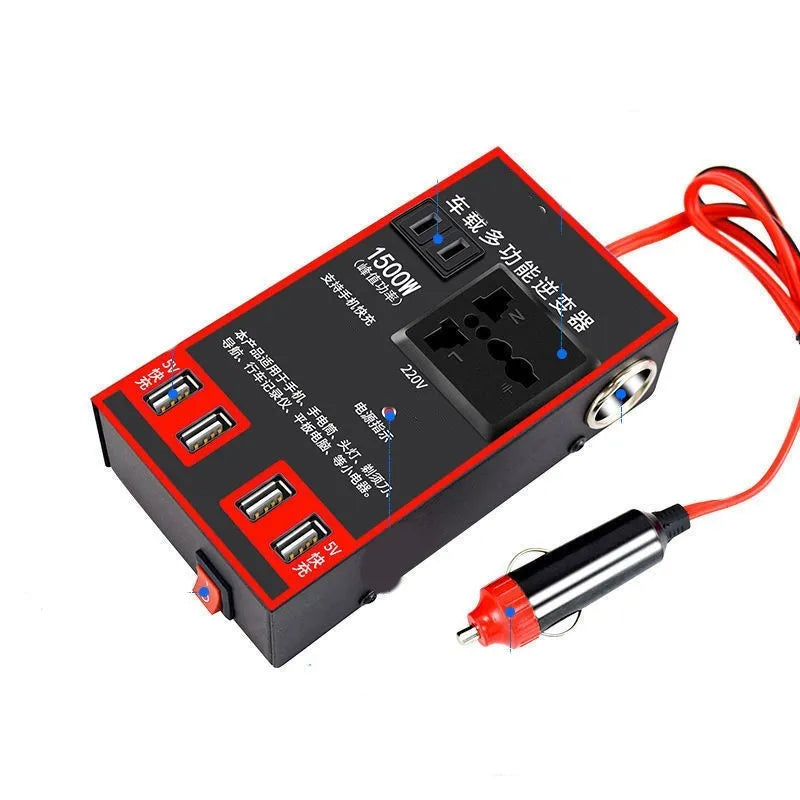 Black automotive power converter with 220V socket and 4 USB ports for 12V/24V vehicle systems