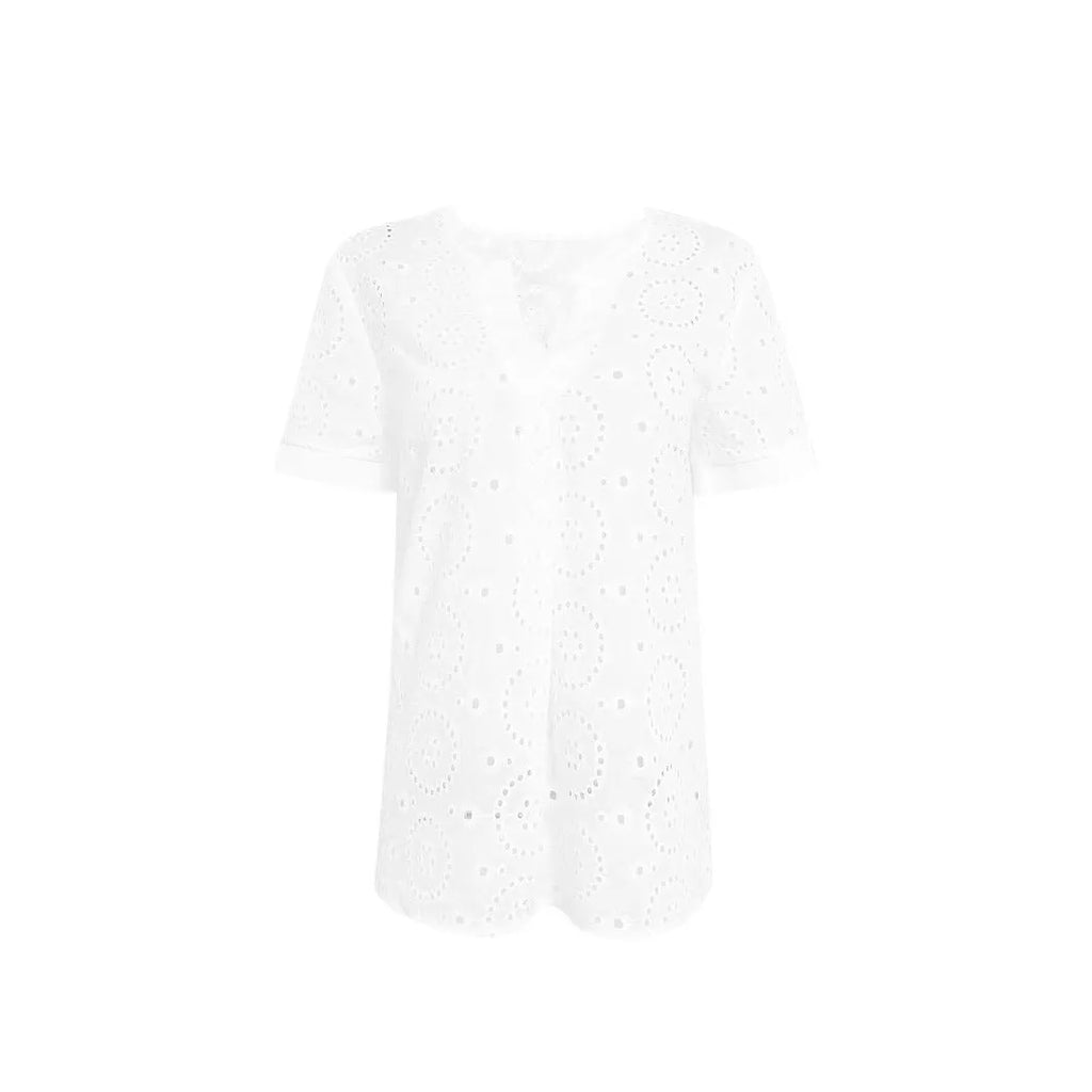 White women's V-neck t-shirt with hollow out detailing and regular short sleeves