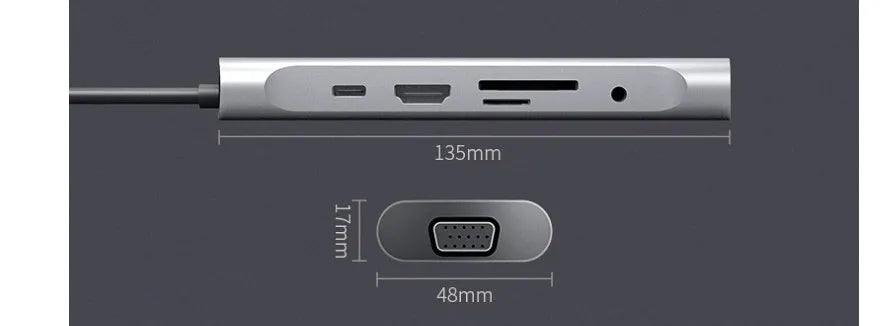 Grey aluminium USB-C docking station with HDMI, VGA, and USB ports