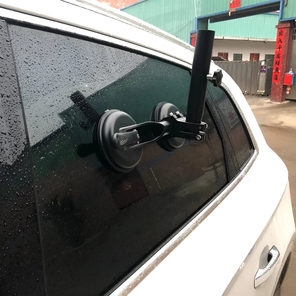 Black off-road car flagpole sucker base with round glass suction cup, showing ABS and rubber construction.