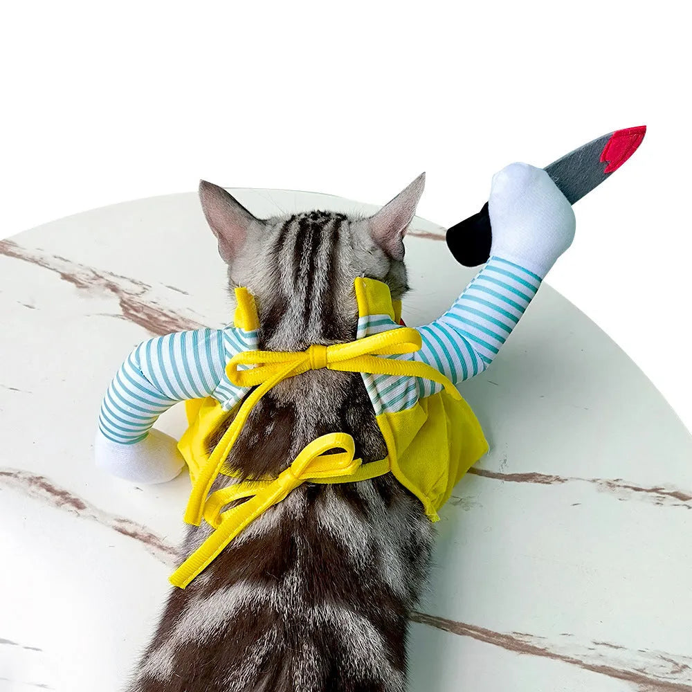 Yellow sword assassin costume for a cat, made from polyester fabric.