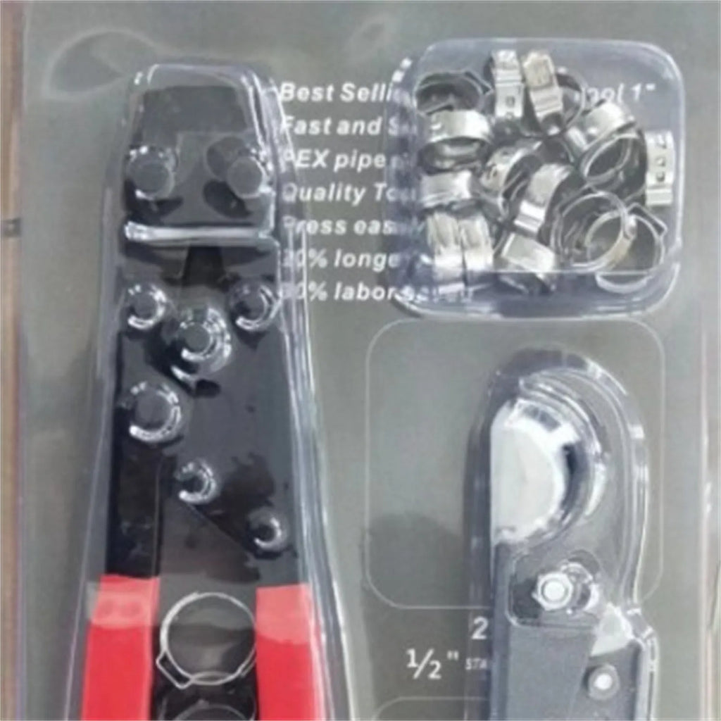 Red PEX single ear clamp set with metal construction and carbon steel cutting edge