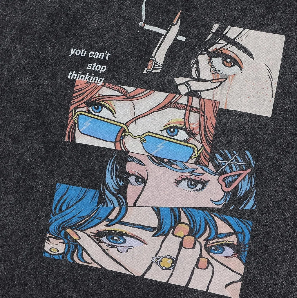 Retro cartoon print cotton-padded t-shirt for men in washed black with loose streetwear styling