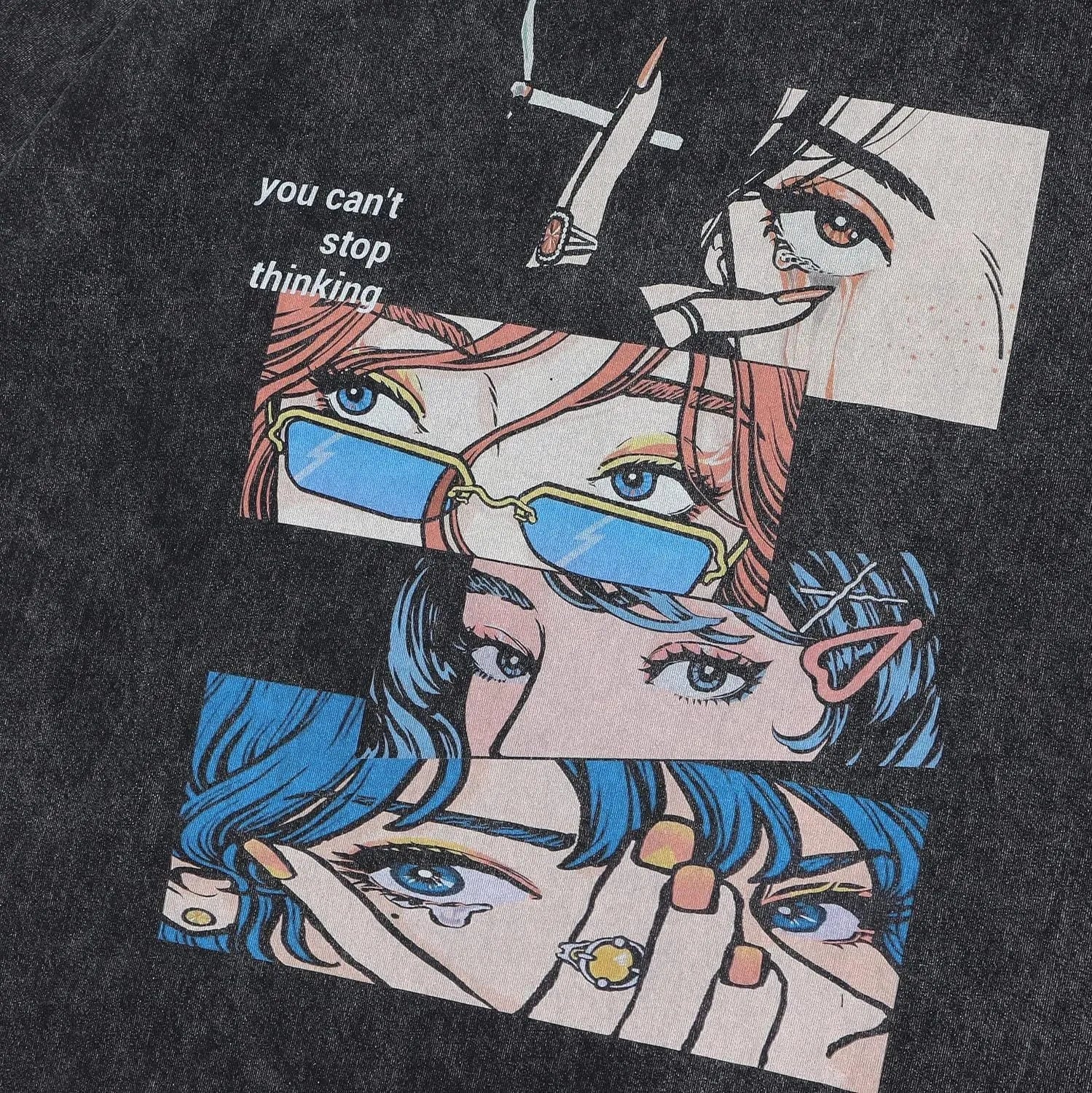 Retro cartoon print cotton-padded t-shirt for men in washed black with loose streetwear styling