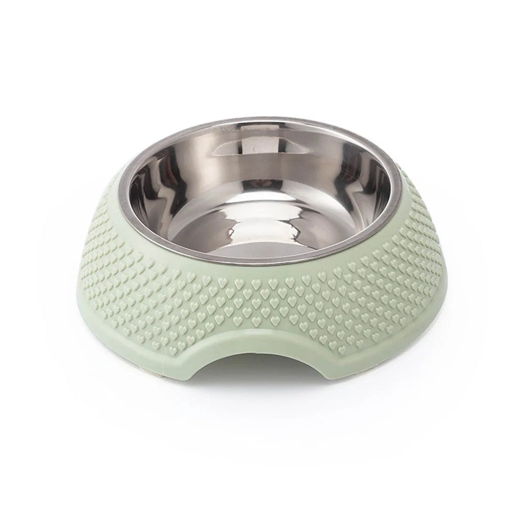 Set of four stainless steel pet bowls with non-slip bases in blue, green, and pink colours
