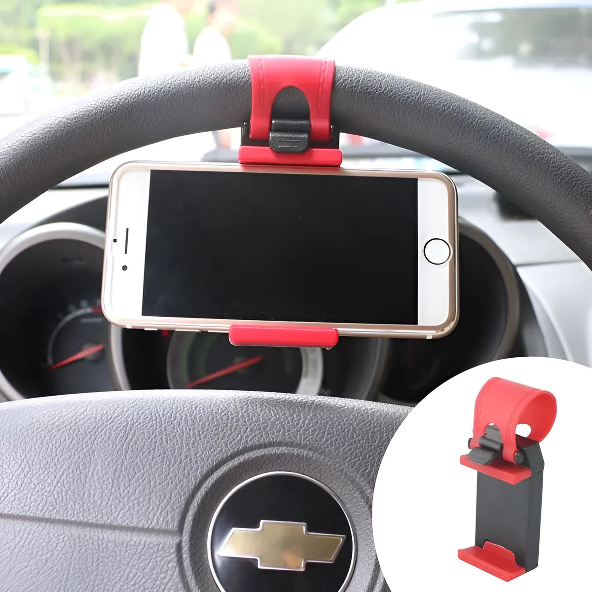 Black steering wheel phone clip mount holder showing adjustable clip and phone placement