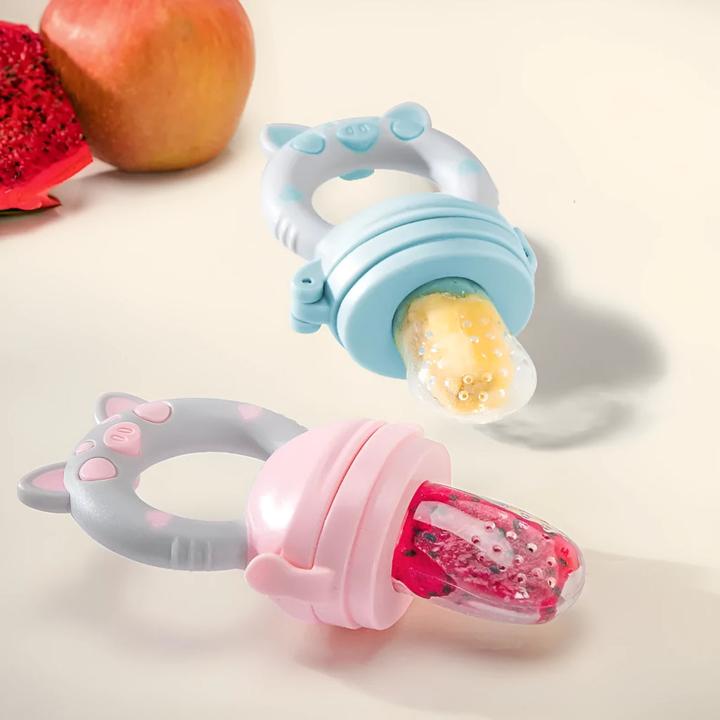 Silicone baby teether with textured mouthpieces in blue, green, or pink colour options