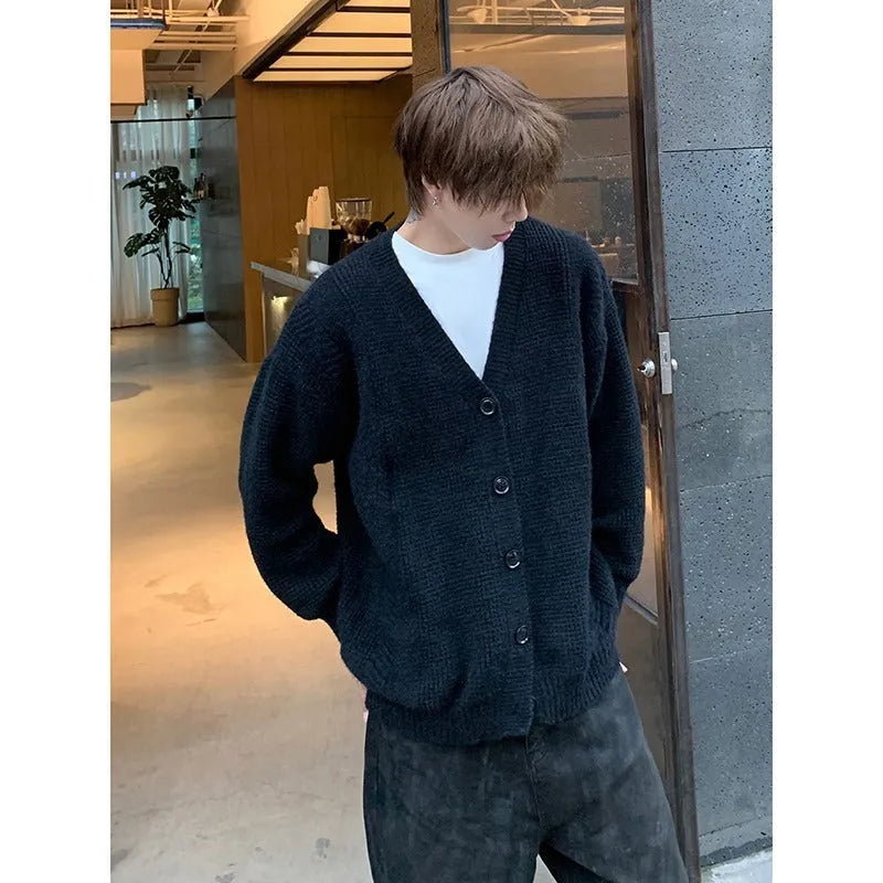 Men's loose fit V-neck knitting cardigan in army green, shown as a casual layered garment.