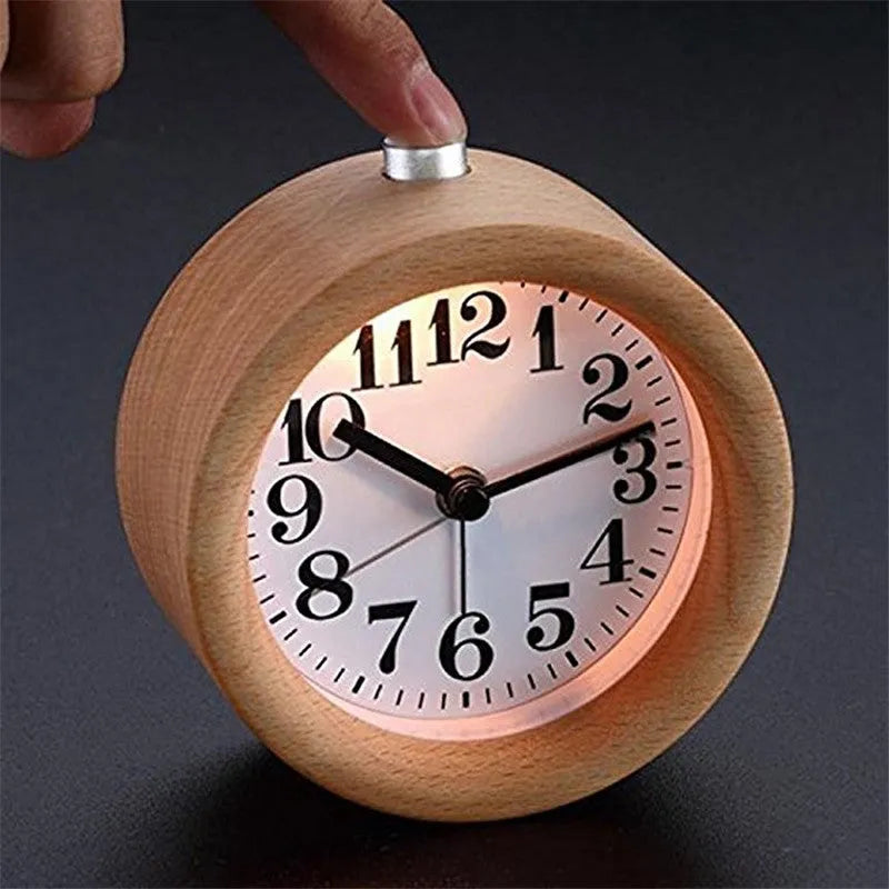Solid beech wood silent alarm clock with a 9.5cm diameter, showing a PVC dial and wooden case.