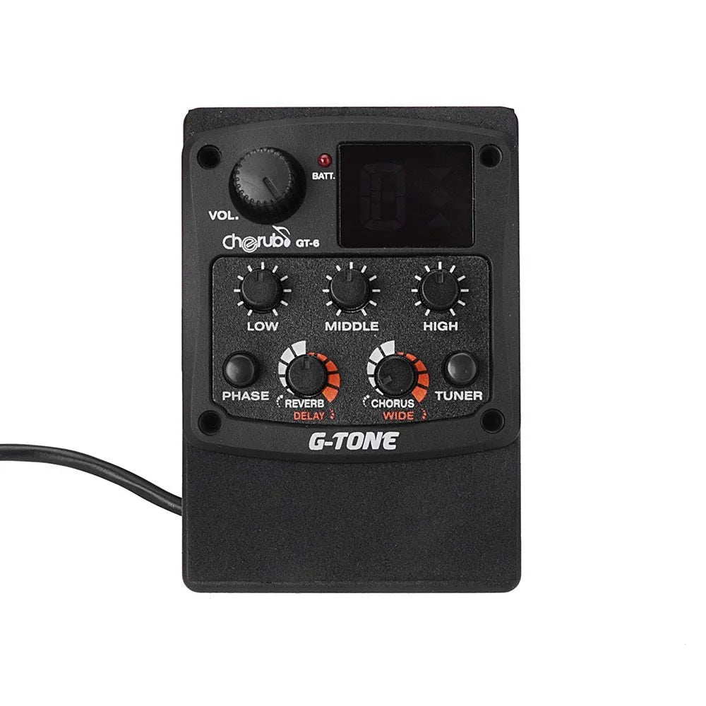 Black Cherub GT-6 acoustic guitar preamp with EQ and effects knobs for soundhole mounting.