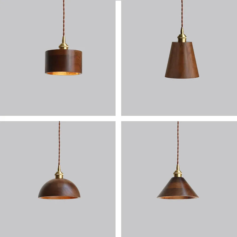 Close-up of a single-head droplight chandelier made from walnut wood art and copper, shown in one of four available colour styles.