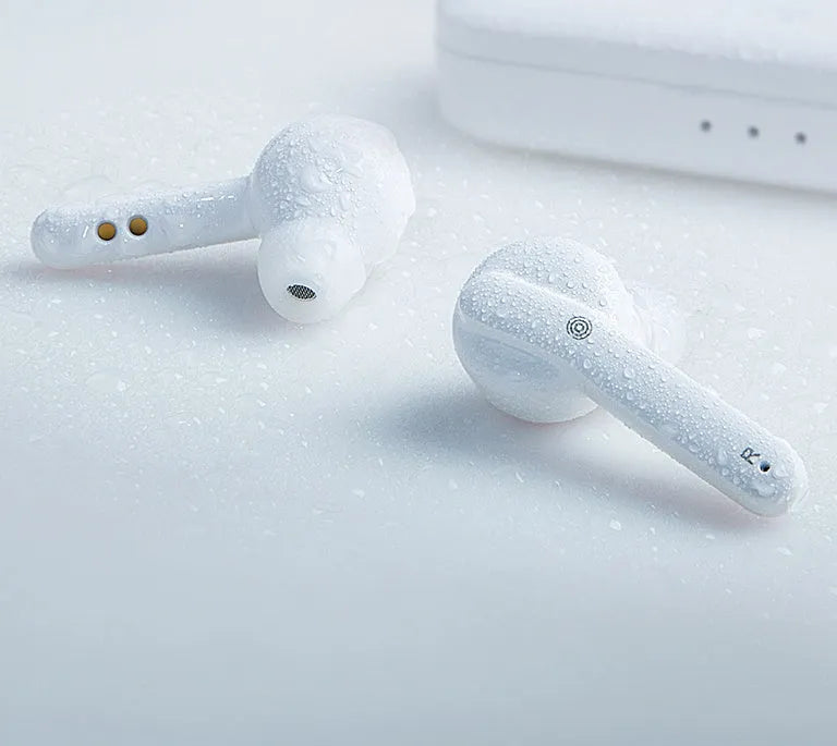 Black and white true wireless stereo earbuds with Bluetooth 5.0 and IPX5 waterproof rating.