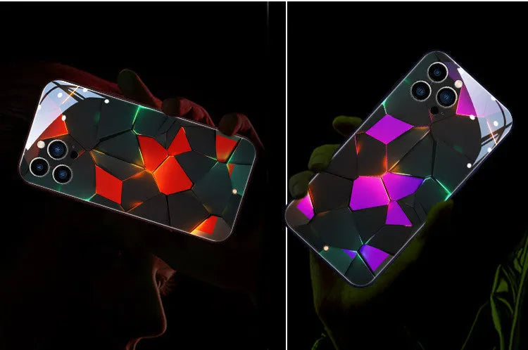 Xpress 14 tempered glass iPhone case with illuminated diamond grid pattern lighting up.