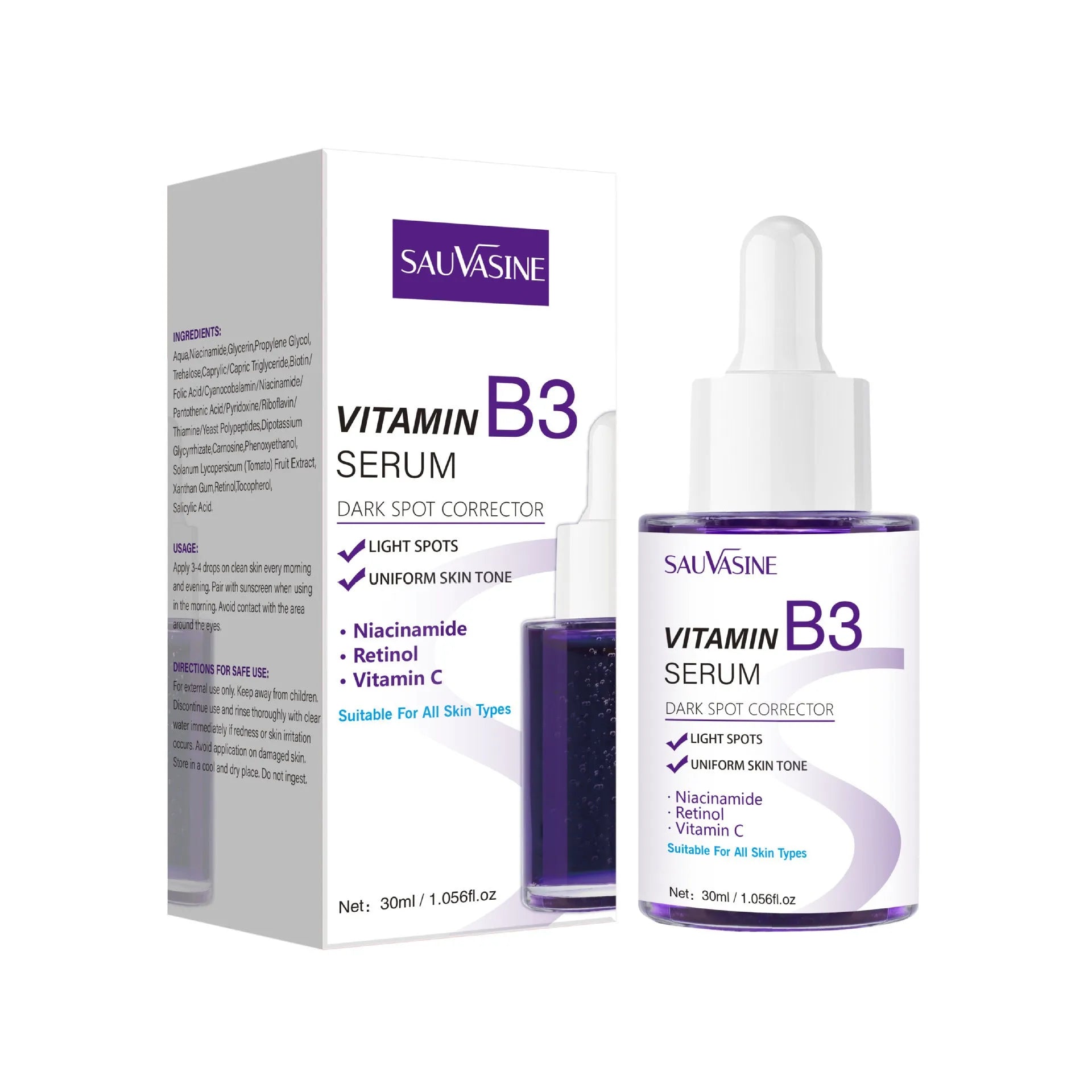 30ml Vitamin B3 facial essence bottle with dropper applicator for universal skin types