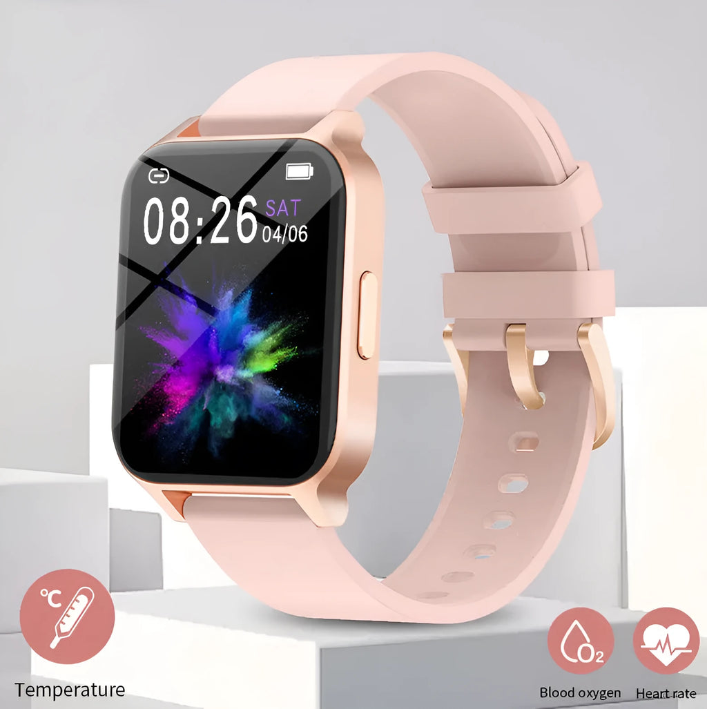 Smart watch with colour screen showing health stats, with black mesh strap on wrist.