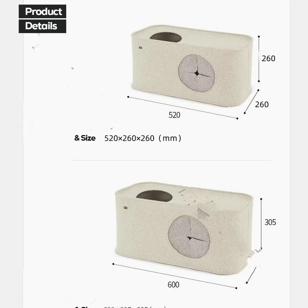 Grey foldable felt cat nest shown both set up and folded flat, placed next to a cat cage.