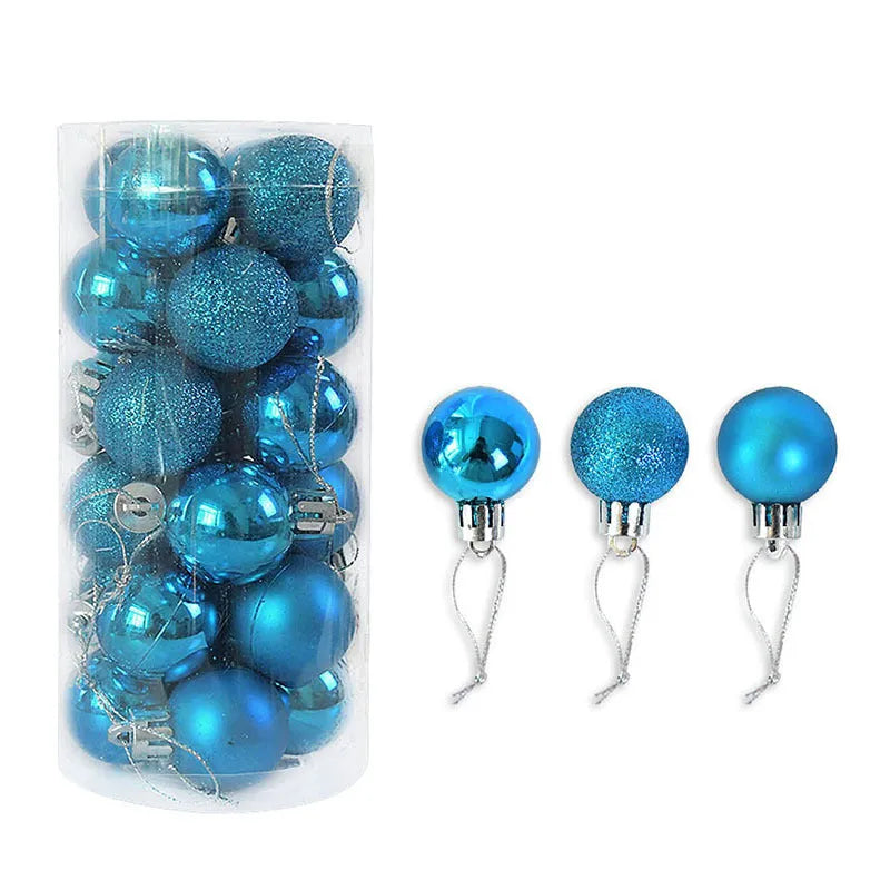 Assorted gold, red, silver and blue 3cm diameter shiny matte Christmas baubles displayed together.