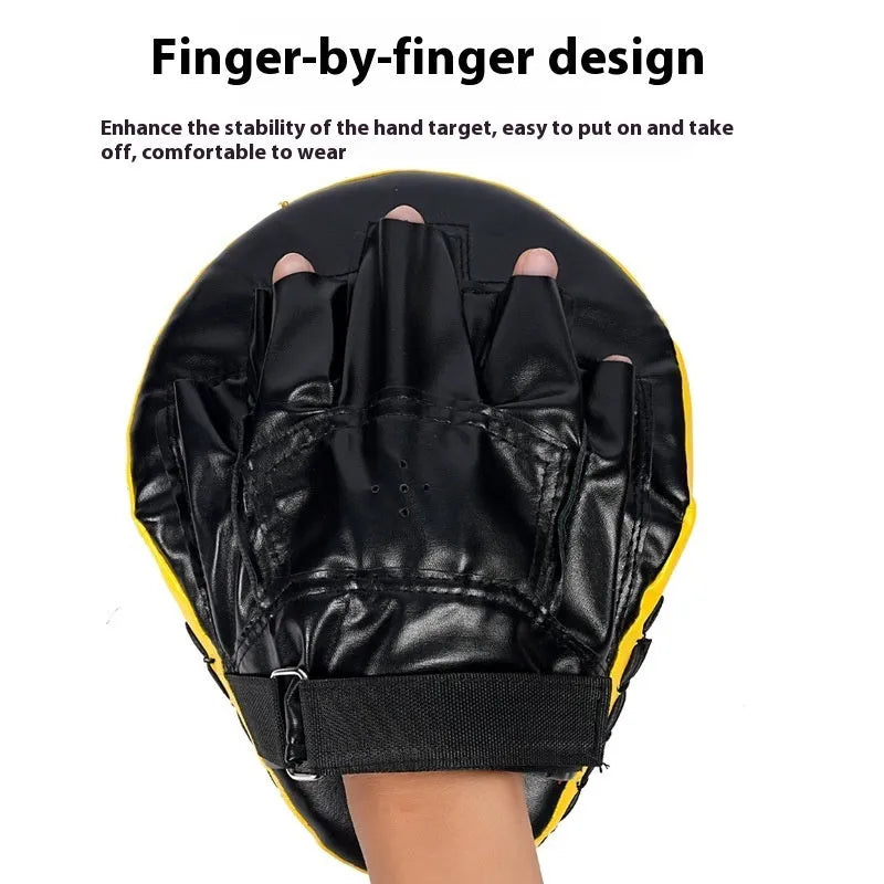 Boxing punch mitts set showing curved and flat hand target styles in red, black, blue, and yellow colour combinations.