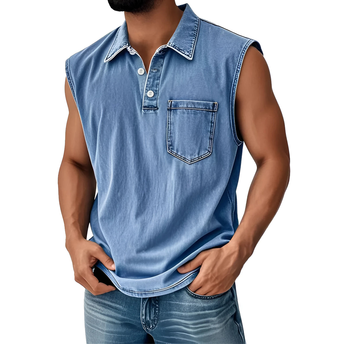 Man wearing a short sleeve polo shirt with a 3D digital printed pattern and button-down collar.