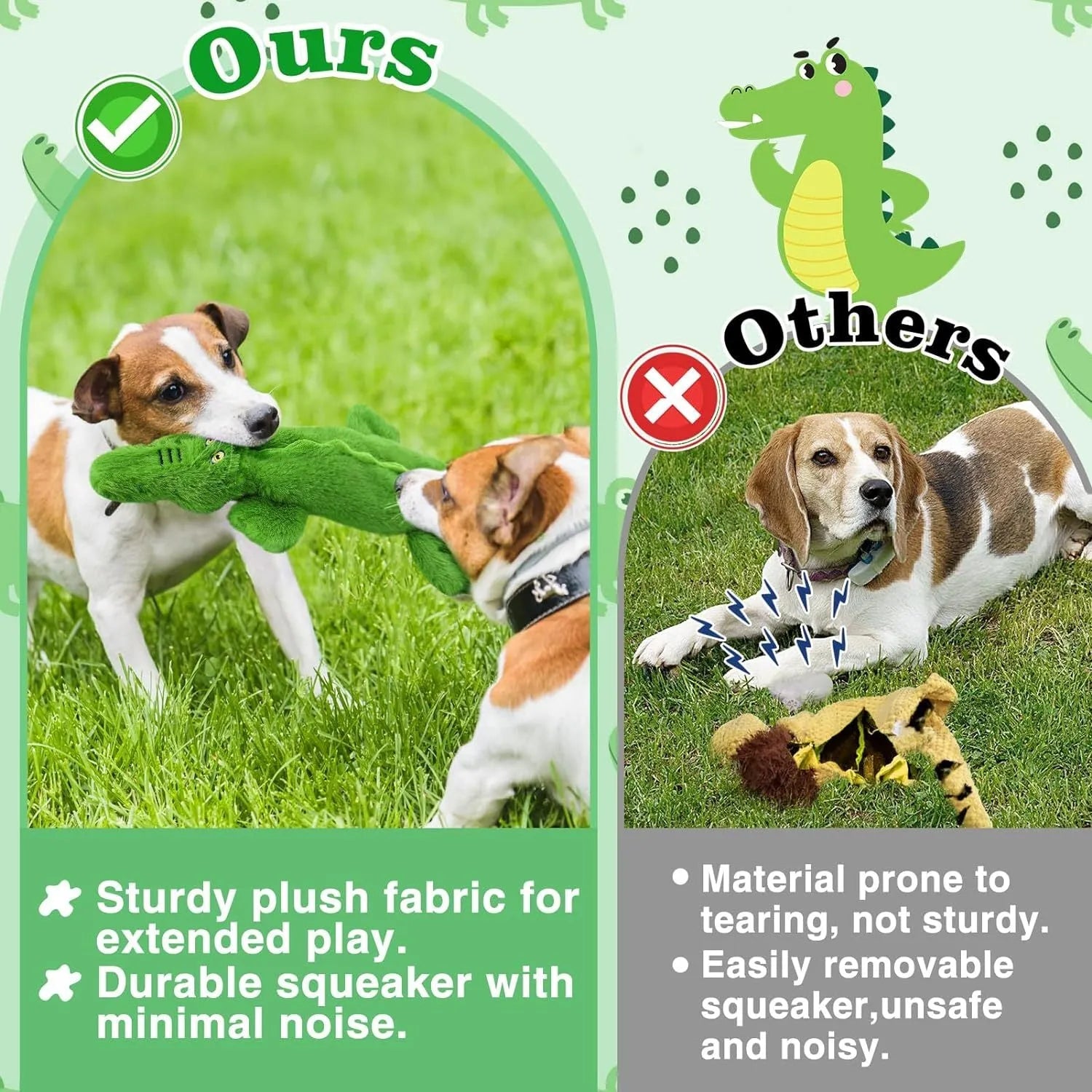 Green crocodile-shaped plush dog toy with no stuffing, squeaker in head, and crinkle paper tail