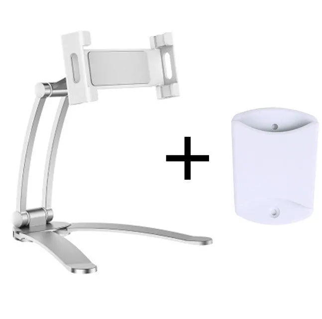Silver and white aluminum alloy desktop stand holding a tablet at an adjustable angle.