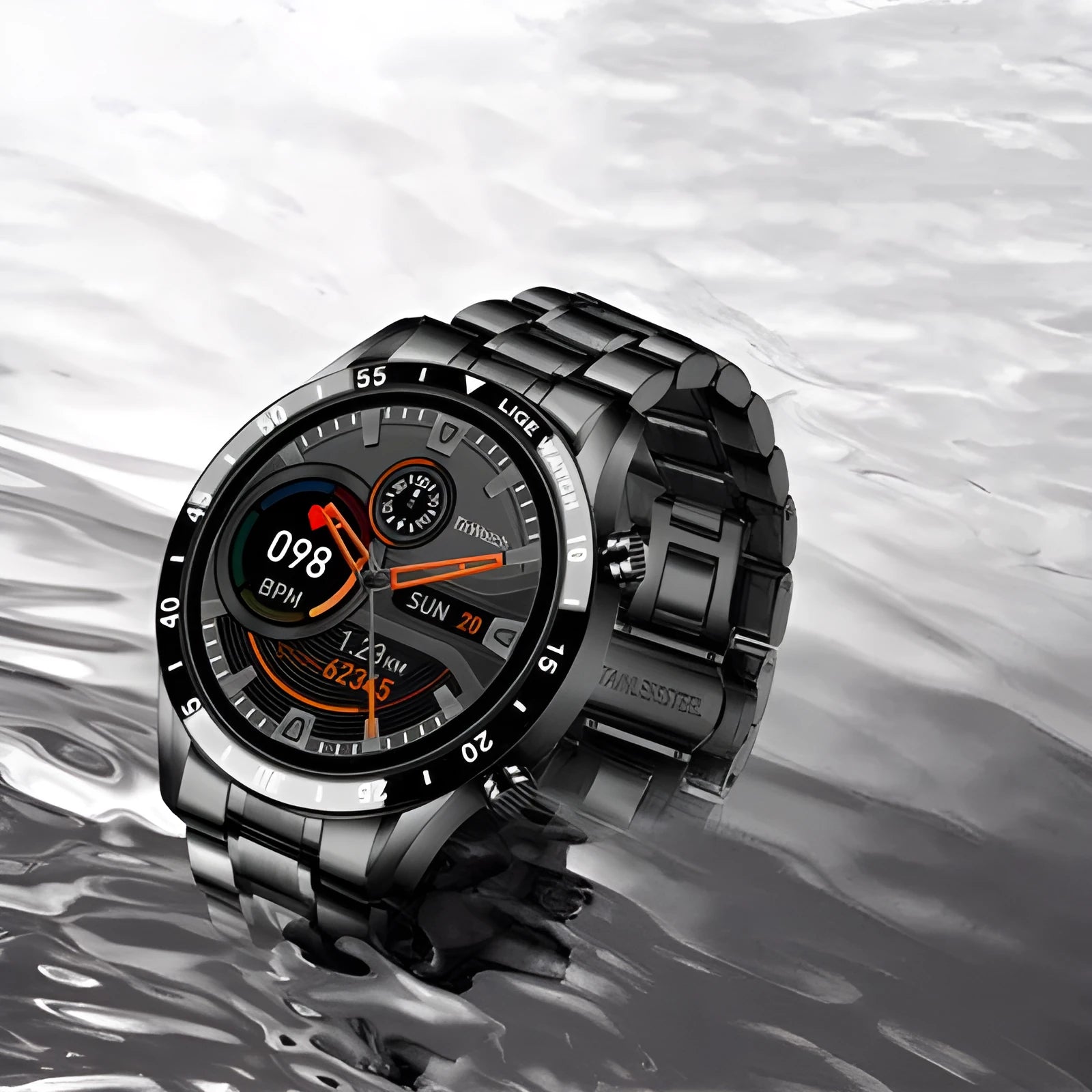 Smart watch with stainless steel band and 1.3-inch touch screen display showing step count