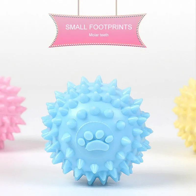 Blue TPR rubber dog chewing toy with textured surface for dental hygiene, 6cm diameter footprint ball
