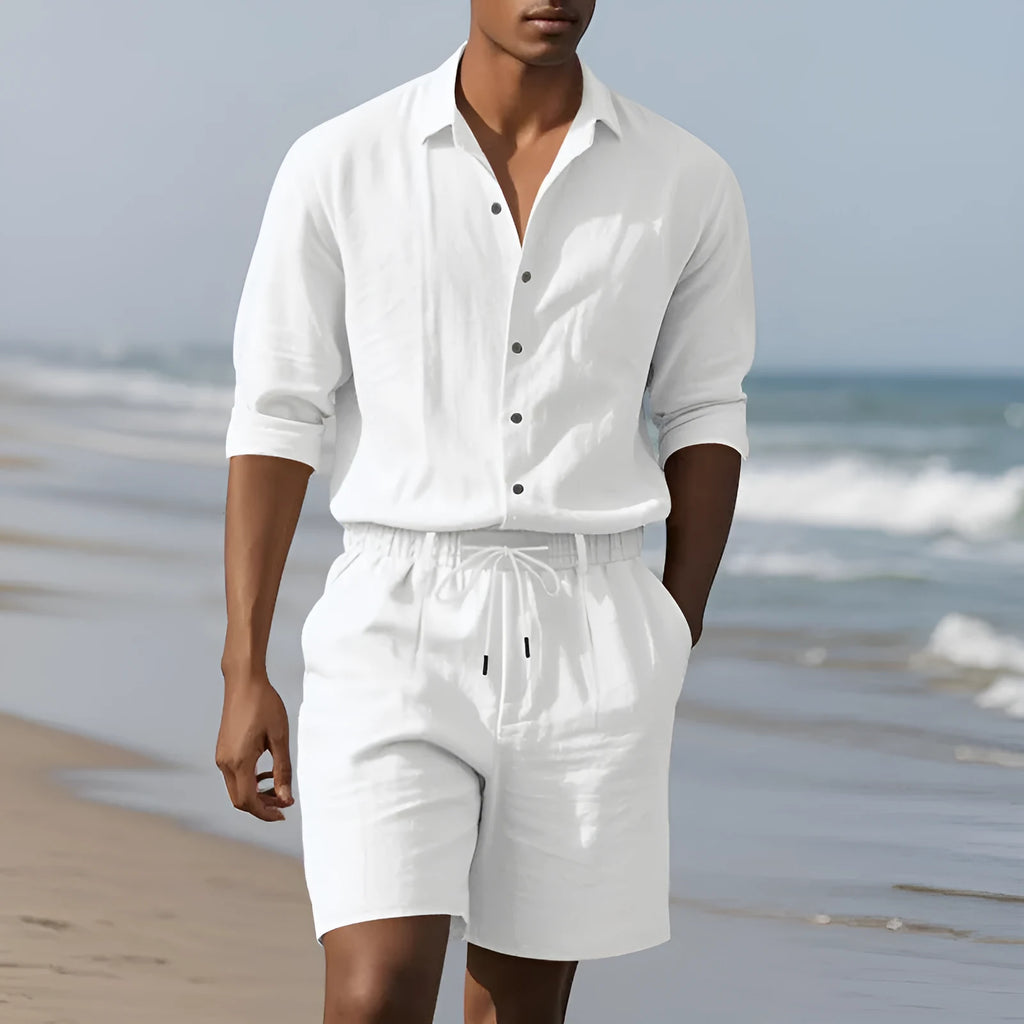 Men's linen summer casual suit with long sleeve shirt and shorts in multiple colours