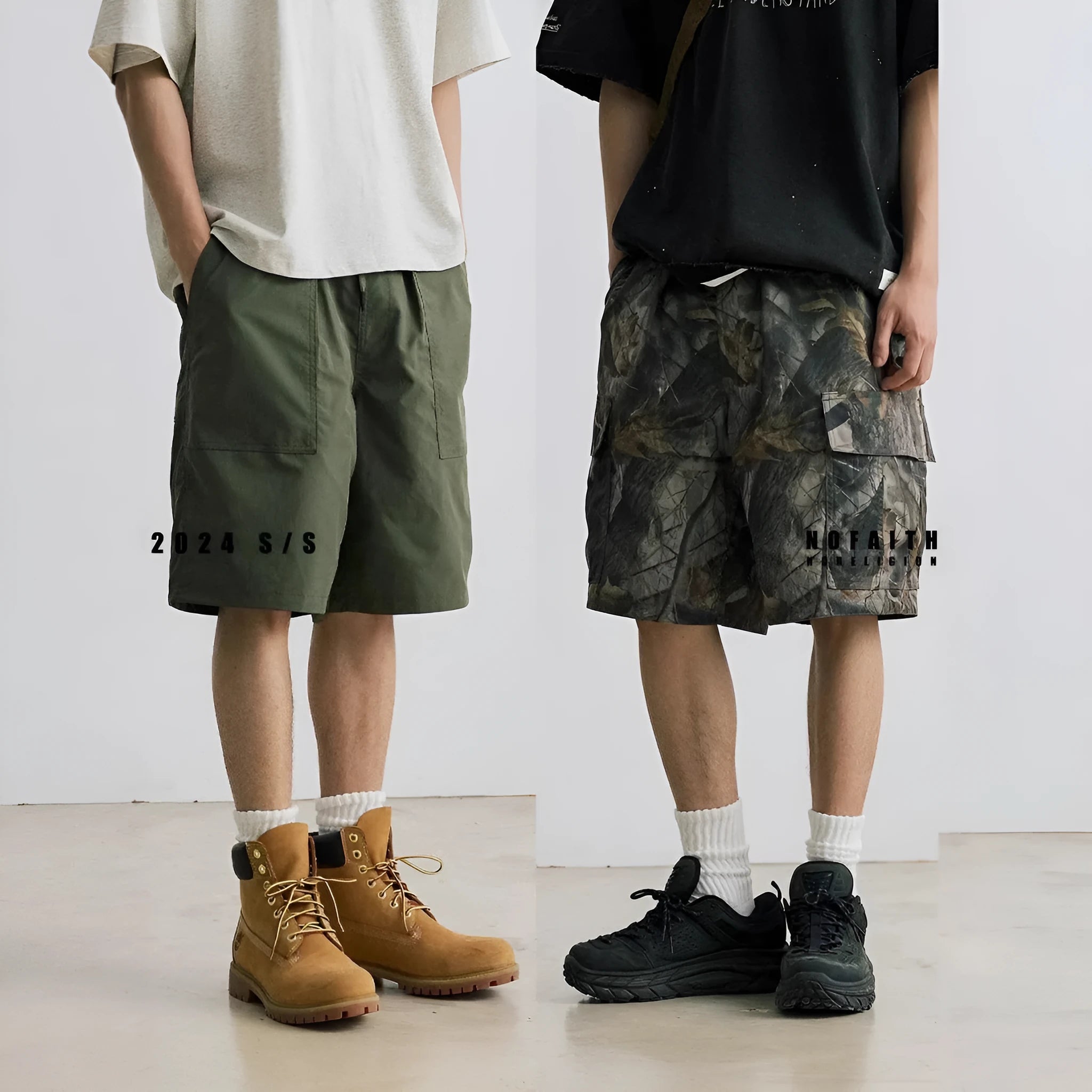 Loose straight-leg denim shorts with elastic waistband in black and army green colours
