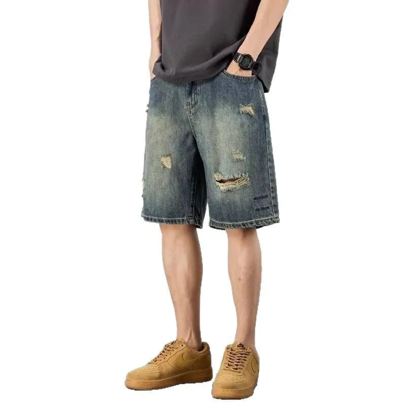 Blue retro loose hole denim shorts for men with straight cut and micro elasticity fabric