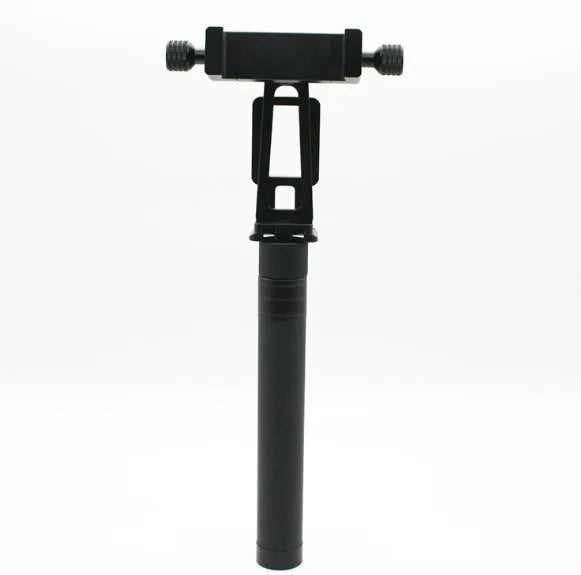 Black retractable selfie stick extended with phone in holder and visible wrist strap.