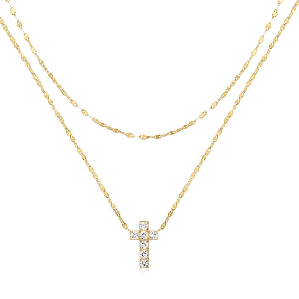 S925 sterling silver double layer twin diamond cross pendant necklace with clavicle chain