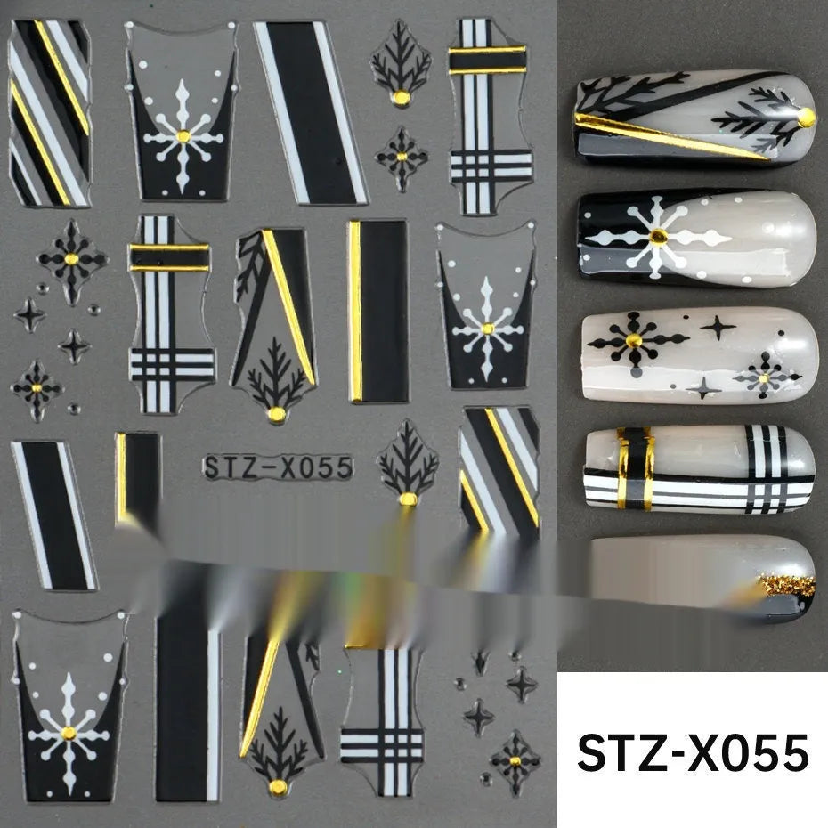 Cartoon nail art stickers with black and silver strip love pattern design