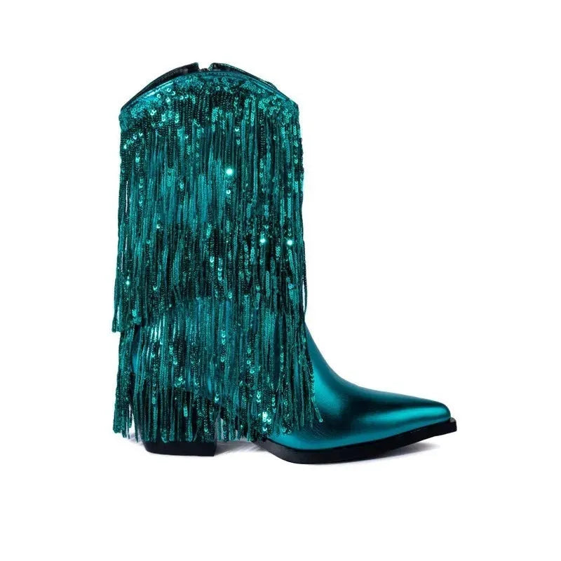 Women's black chunky heel tassel boots with a high stiletto heel and pointed toe.