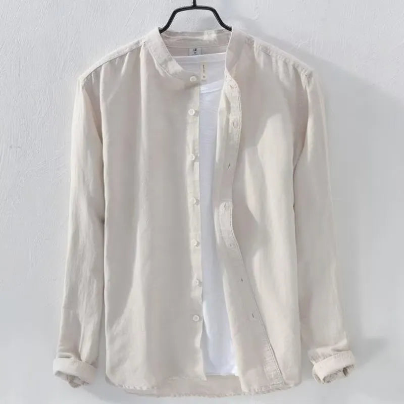 Loose fit men's casual shirt in cotton linen blend fabric showing long sleeves and solid colour options