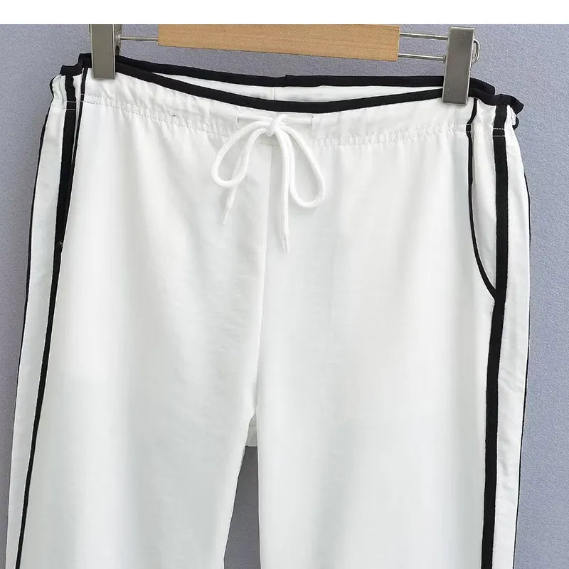 Women's ribbon contrast loose straight trousers in navy blue with low-waist fit and thin fabric