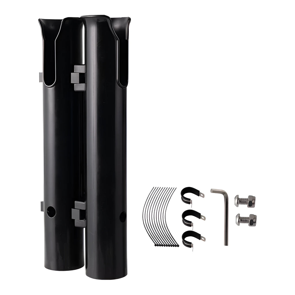 Motorcycle fishing rod rack with double-layer plastic construction and adjustable pipe clamp mounting system