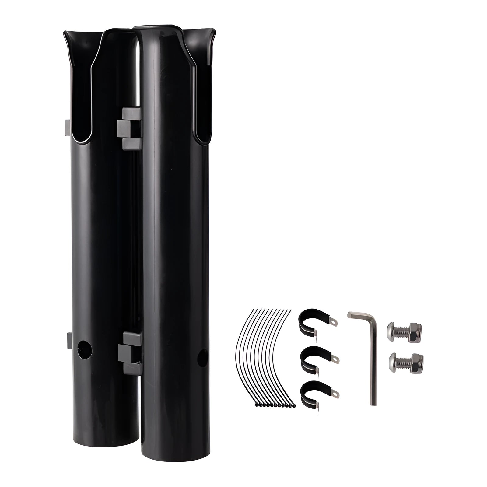 Motorcycle fishing rod rack with double-layer plastic construction and adjustable pipe clamp mounting system