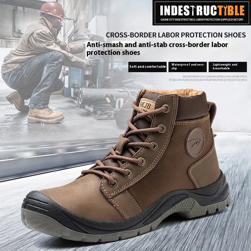 Orange leather labour protection safety shoes with a rubber anti-smashing sole on a grey background