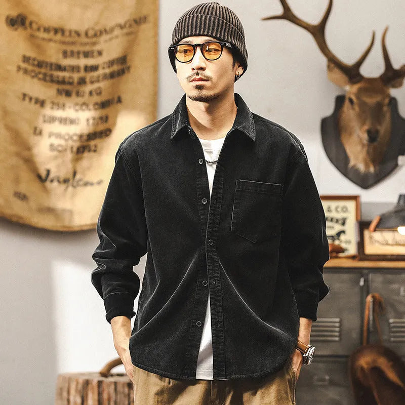 Men's red loose-fit corduroy style casual shirt jacket with long sleeves.
