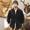 Men's red loose-fit corduroy style casual shirt jacket with long sleeves.