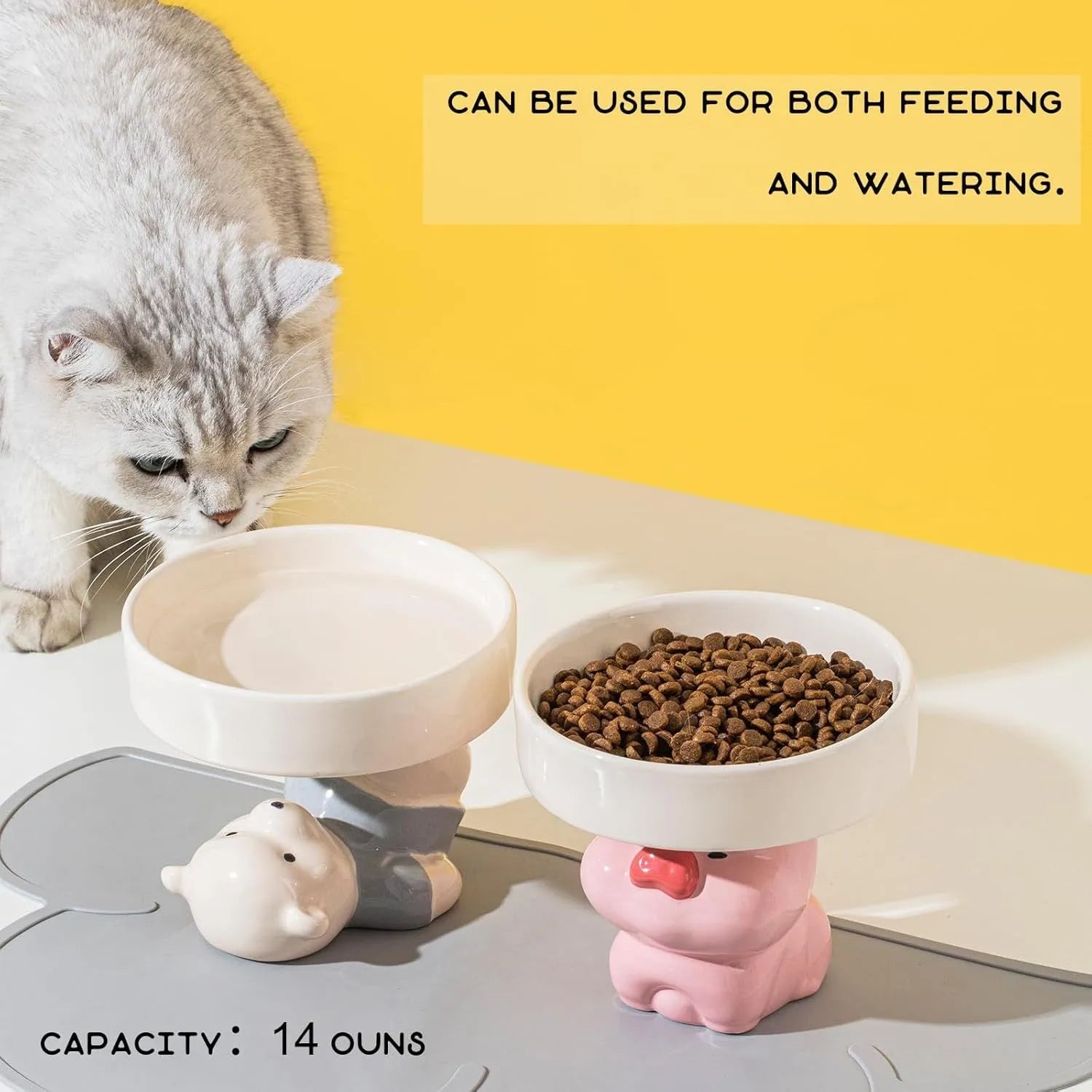 Ceramic raised cat bowl with cute animal design, shown in pink pig, white bear, and yellow duck styles.