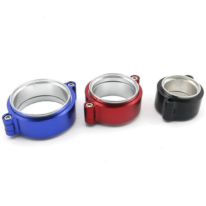 Aluminium turbo exhaust clamp in black colour showing fixed movement design for 2-4 inch exhaust pipes