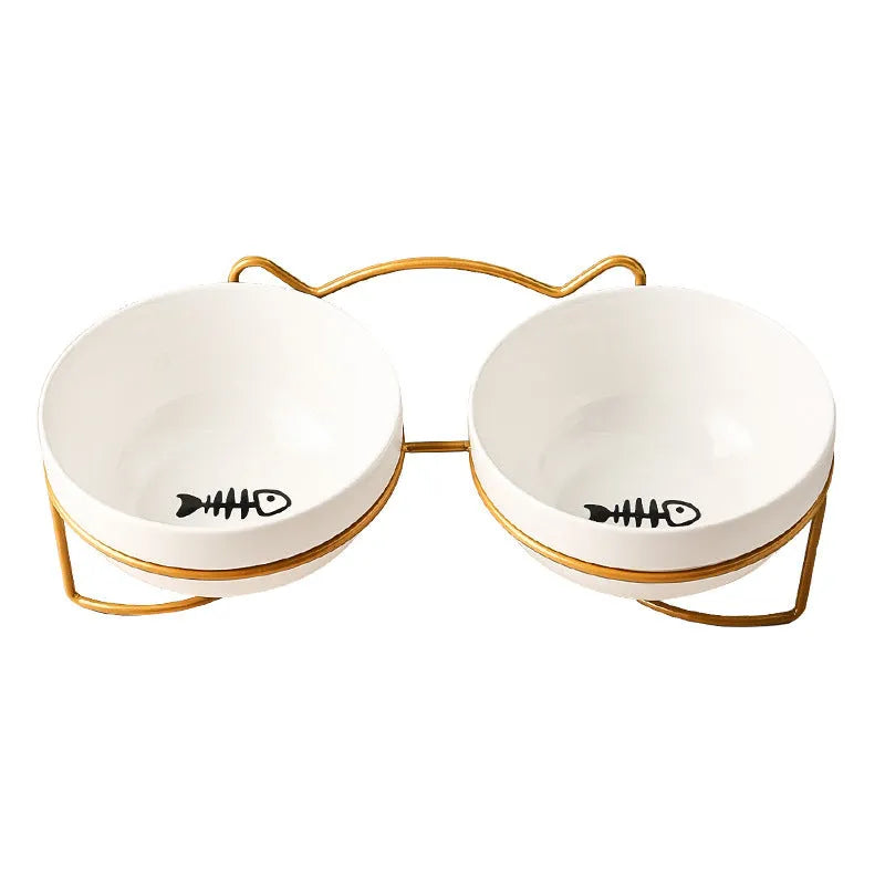 Ceramic pet bowl with iron frame featuring cat footprints pattern