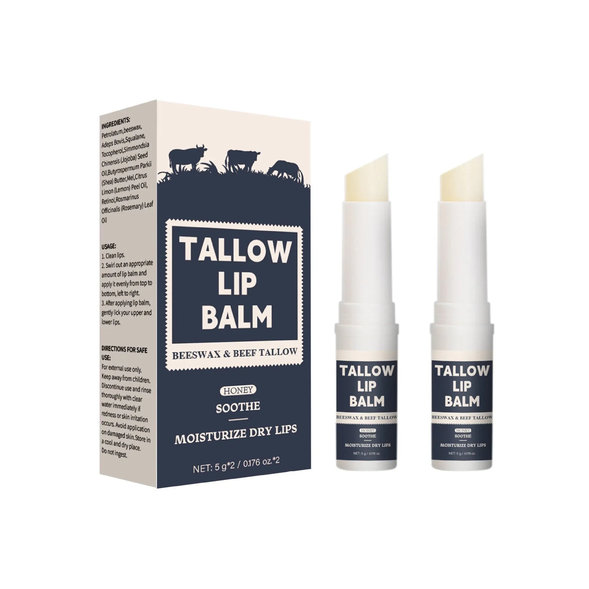 Two-piece beef fat lip balm set with light grain texture for moisturising lip care