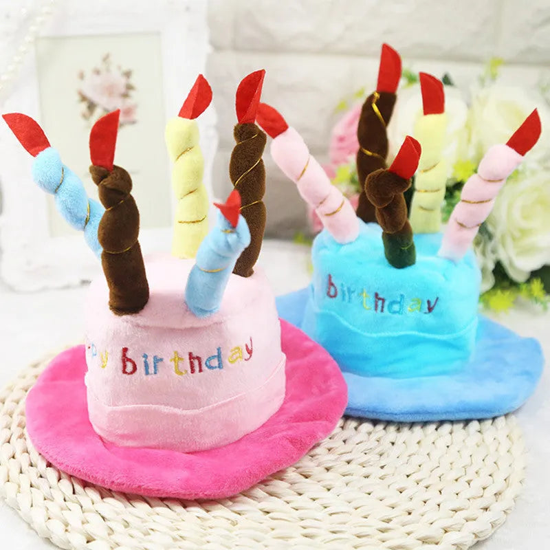Blue and pink small dog birthday hat with a bone-shaped squeaker toy gift set.