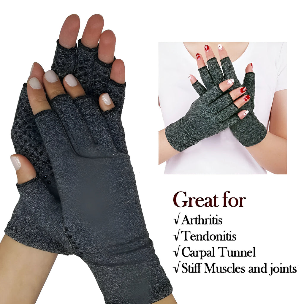 Grey half-finger compression gloves with anti-slip grip on palm surface